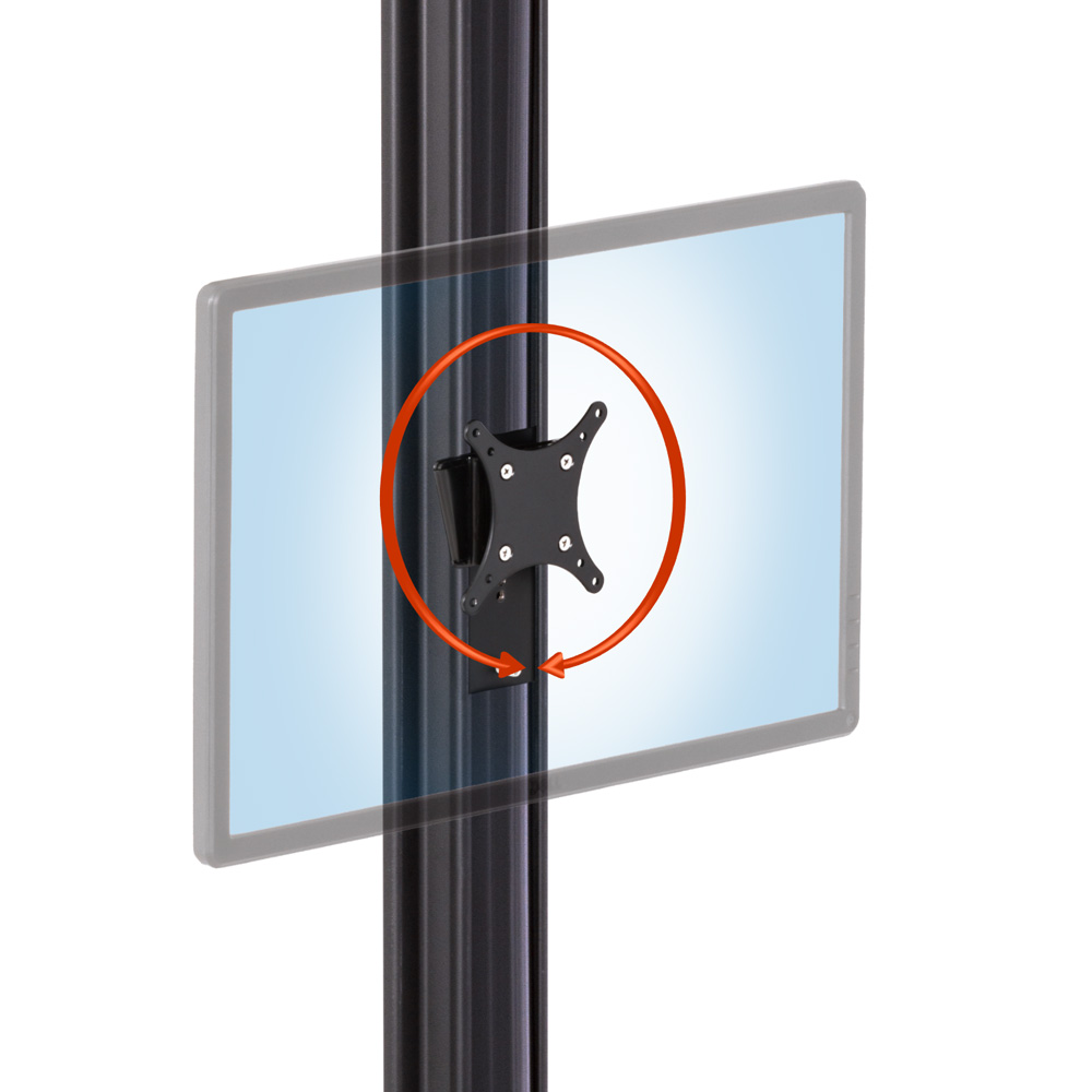 Rotating Flush Monitor Wall Mount for EC Track with 75x75 and 100x100m VESA adapter in black with an arrow indicating portrait/landscape rotation