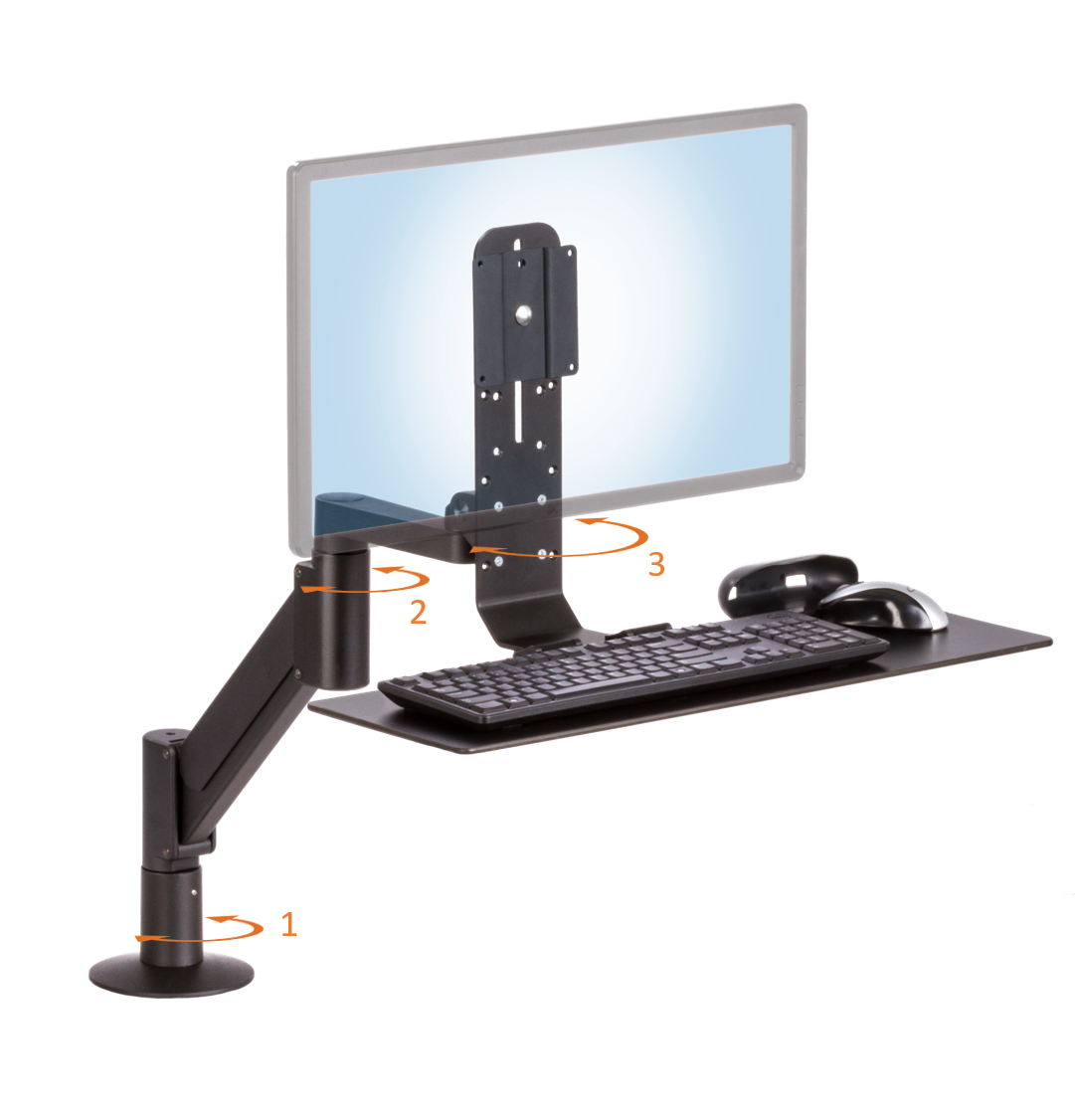 SERIES-118 workstation keyboard and monitor mount pivoting points of adjustment