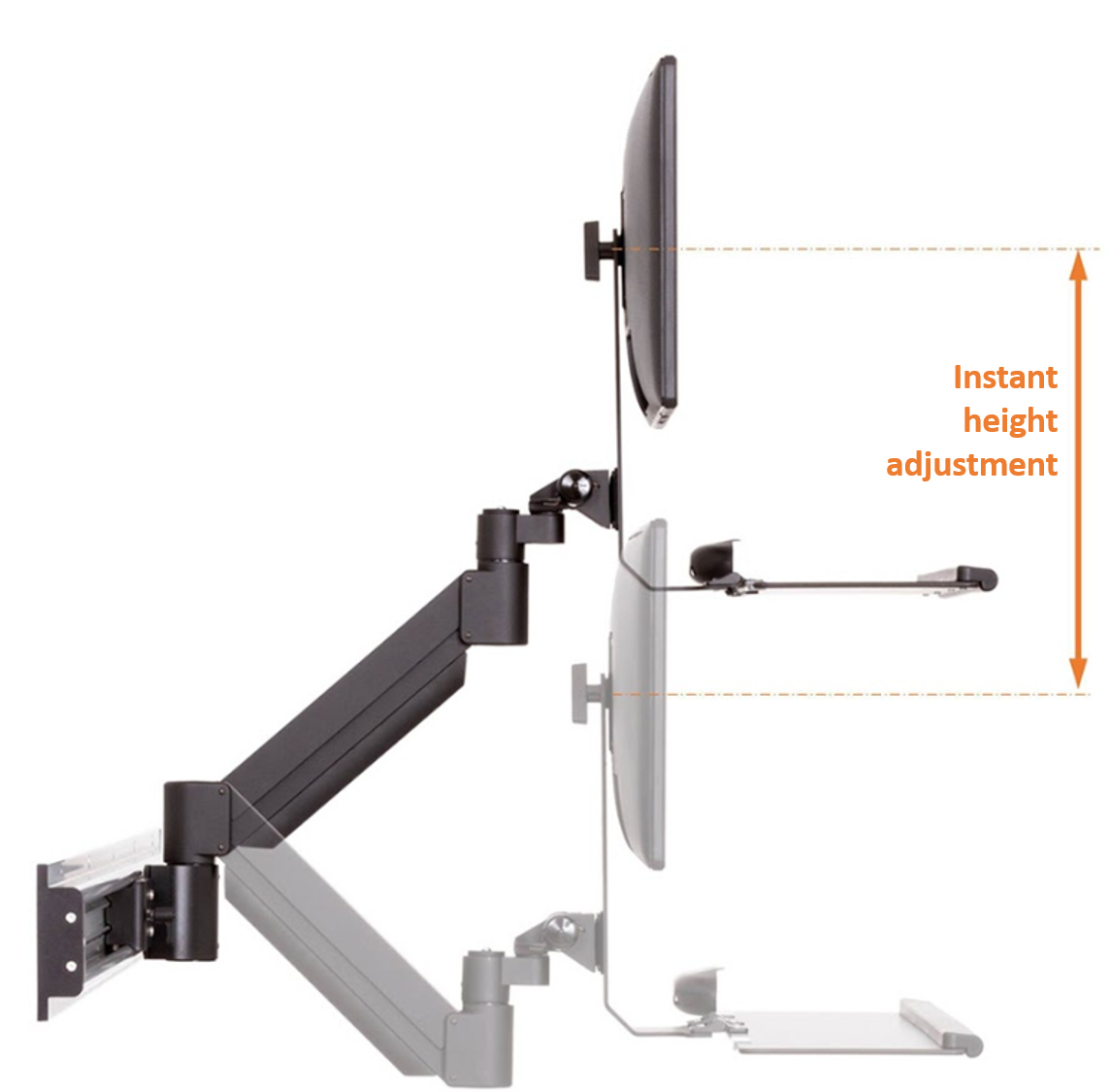 SERIES-118 instant height adjustment of workstation keyboard and monitor mount from a side view