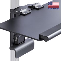 LeverLift height adjustable folding keyboard tray mount in black isometric view with flag ghosted