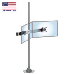 Dual-monitor articulating beam mounted to 1.5" to 2" diameter heavy-duty pole in black