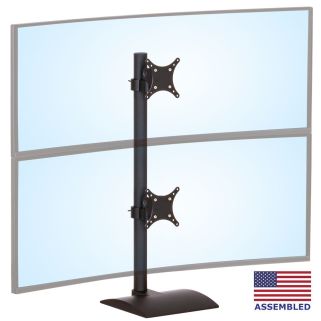 DS9109D desktop dual monitor mount in black shown with two stacked ultrawide monitors.