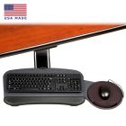 IS-SSW-KIT Sit Stand articulating arm shown with Mousearound tray at desktop with mouse tray extended right