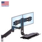 TRP2718D Front isometric view of lifting arm on desk mount with steel left-right sliding tray and dual monitor bracket in black - tile