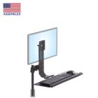 TRS413 desktop monitor stand shown from a front isometric view in black with folding keyboard tray and mouse - badge tile
