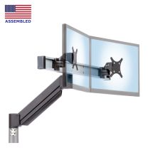 CMD2018 Dual Computer Monitor arm with two slidable tilter mechanisms supporting computer monitors on straight aluminum beam - tile