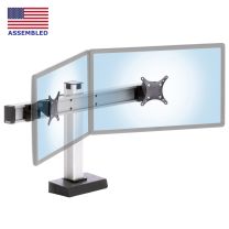 CONNECT-2 two monitor stand with beam mounted articulating mounts supported by single central square aluminum vertical aluminum extrusion with monitors fully inwardly swiveled with flag