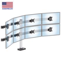 CONNECT multi monitor stand has two rows of four monitors on aluminum beams in a wrap around or arc formation with flag