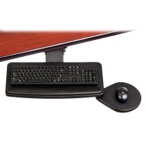 IS-C-KIT Compact rectangular keyboard tray attached to front edge of desktop with steel mouse tray shown with mouse and keyboard