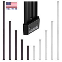 Low -profile wall-mounted wall track: detail of end stop and view of all track lengths in black and metallic gray with Made in USA flag