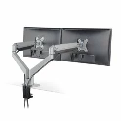 Envoy 2 desk-clamp dual monitor arm demonstrating cables routed through arm	