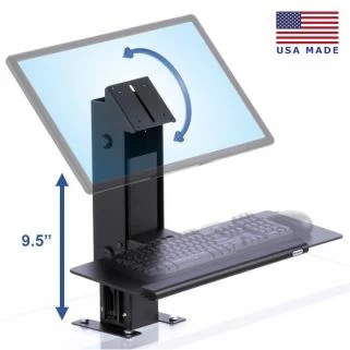 Isometric view of Autorizer lift-and-lock elevation point of sale mount with an arrow illustrating the ability to adjust the height and the tilt angle of the monitor