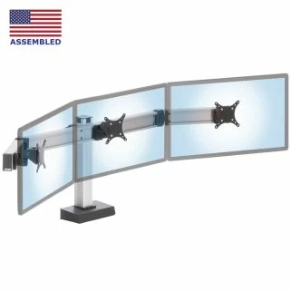 CONNECT-3 three monitor stand with beams arcing inward with articulating monitors mounts all supported by single central square aluminum vertical aluminum extrusion