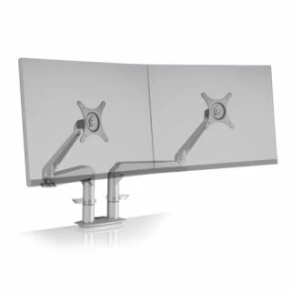 EVO-D dual monitor arm in metallic gray, shown desk-mounted with two ghosted monitors side-by-side front view