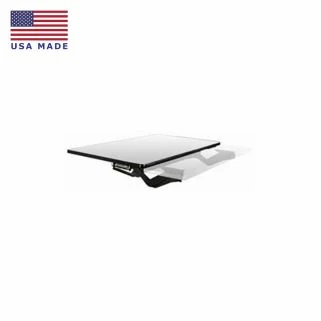 IS-PM height adjustable dual arm sit-stand keyboard tray middle height position side view