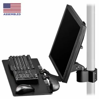 PM40-BB103 keyboard tray - monitor mount with screen leaning back attached to articulating bracket on Ergomart P192 pole - ghosted