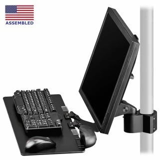 PM41-BB103 keyboard tray - monitor mount with screen leaning back attached to articulating bracket on Ergomart P192 pole - ghosted