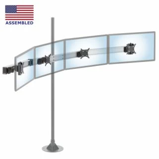 Quadruple-monitor articulating beam mounted to 1.5" to 2" diameter heavy-duty pole in black