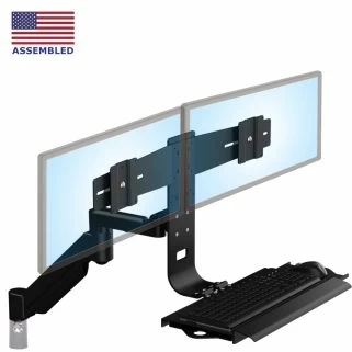 TRP2718D Front isometric view of lifting arm on desk mount with steel left-right sliding tray and dual monitor bracket in black - tile