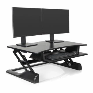 Winston Desk with 36" work surface in black front view shown with 2 monitors and keyboard and mouse