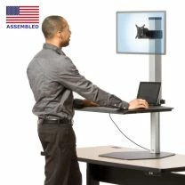 DOR1 Dorian Single sit-to-stand desktop work surface front view demonstrating use in the standing position