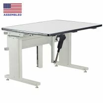 ETT500 photo shows ETT HD industrial table and desk in lower position for seated users