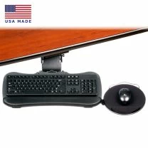 IS-LS-KIT Compact keyboard tray attached to front edge of desktop with steel mouse tray shown with mouse and keyboard