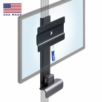 LeverLift low profile rotating monitor slider mount showing 100x200 VESA plate on monitor in black isometric view ghosted