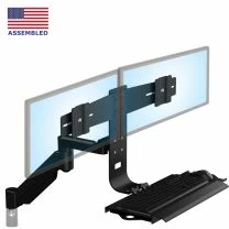 TRP2718D Front isometric view of lifting arm on desk mount with steel left-right sliding tray and dual monitor bracket in black - tile
