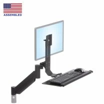 TRS2018 height adjustable monitor arm and keyboard tray shown extended from a front isometric view in black