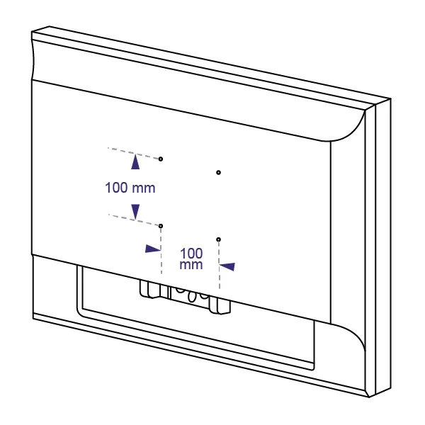 Drawing: rear view of monitor showing 100 mm x 100 mm VESA hole pattern