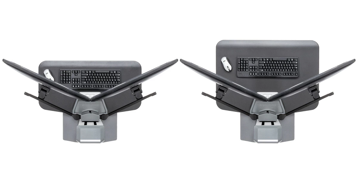 Winston-E dual monitor workstation standard and compact base comparison top view