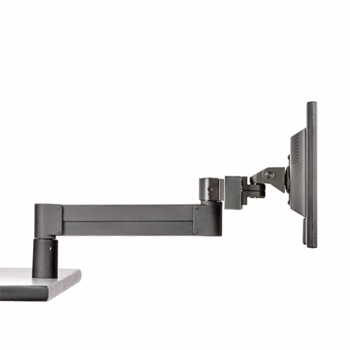 CMD2018 dual monitor arm side view showing highest, lowest and horizontal positions