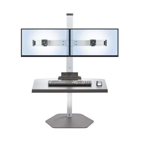 Workstation front view demonstrating monitor swivel capabilities Dorian Dual