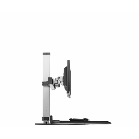 Side view illustrating vertical movement of the work surface and monitor Dorian Quad