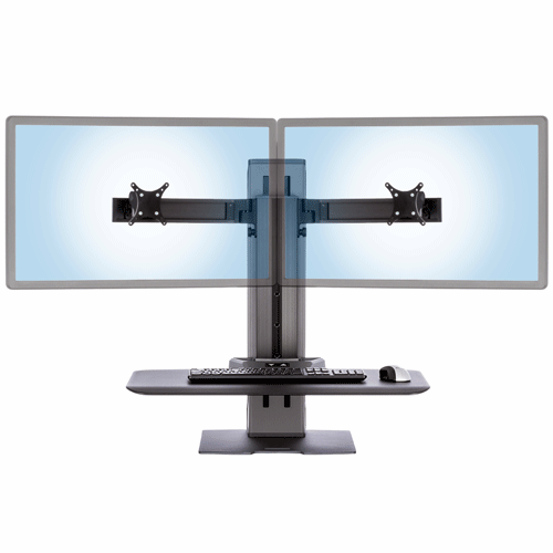 Winston-E Dual monitor workstation demonstrating independent monitor height adjustment front view