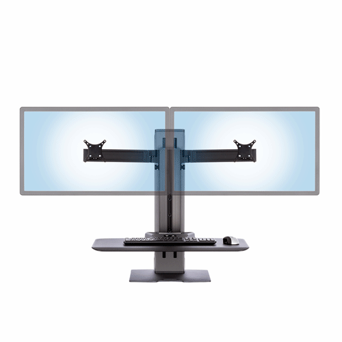 Winston-E Dual monitor workstation demonstrating monitor rotation adjustment front view