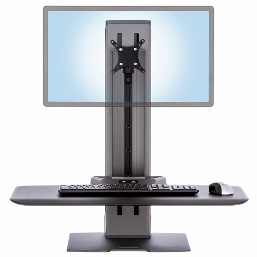Winston-E Single monitor workstation demonstrating independent monitor height adjustment front view