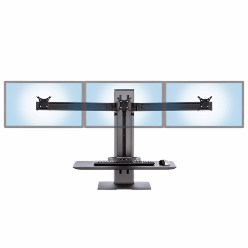 Winston-E Triple monitor workstation demonstrating independent monitor height adjustment front view
