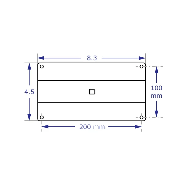 Specification drawing with measurements for 100 x 200mm VESA plate for ADJ1430 dual monitor bracket