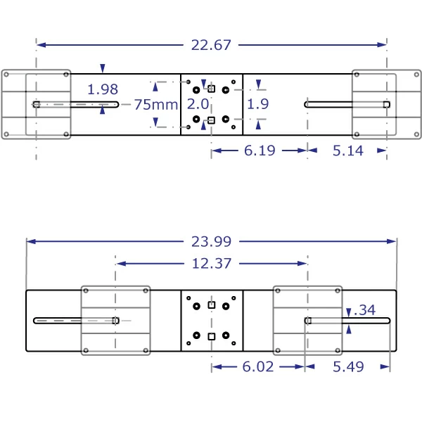 ADJ1523 dual monitor bracket specification drawing front view with measurements
