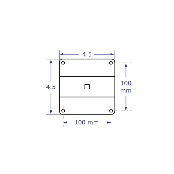 Specification drawing with measurements for 100 x 100mm VESA plate for ADJ1523 dual monitor bracket