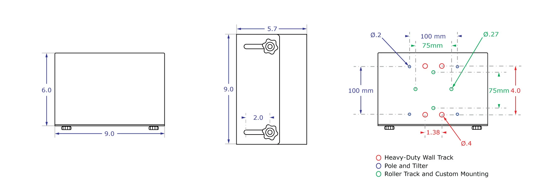 Medium CPU holder specification drawing with measurements for both sides and bottom