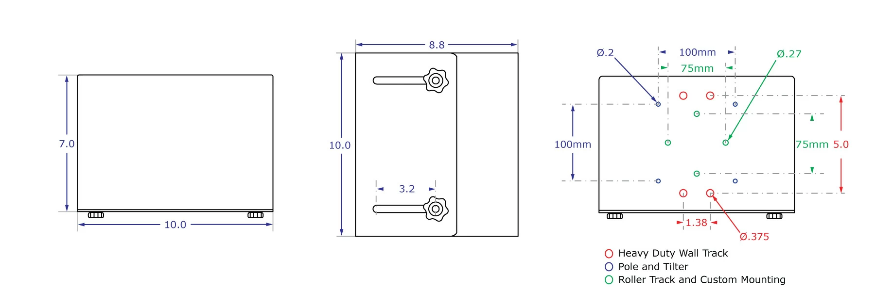 Extra large CPU holder specification drawing with measurements for both sides and bottom