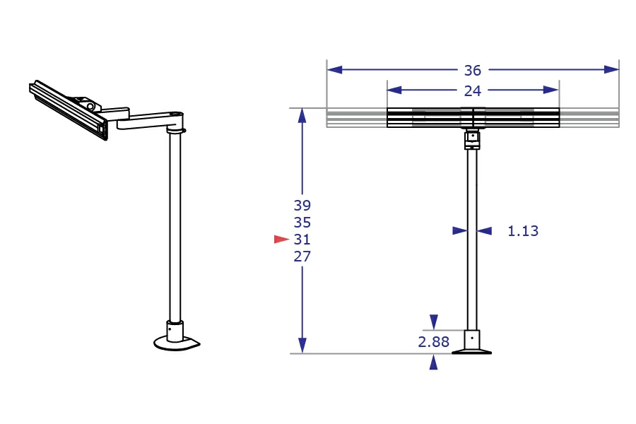 DOCHANGER document hanger specification drawing showing measurements in front view