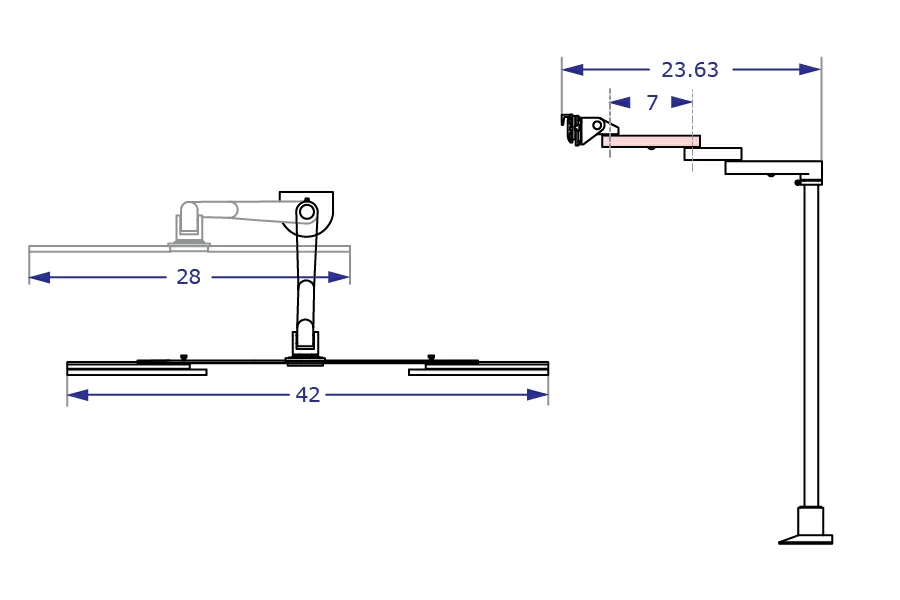Two DOCHANGER document hanger specification drawings with measurements for the extended width top view and side view with extension