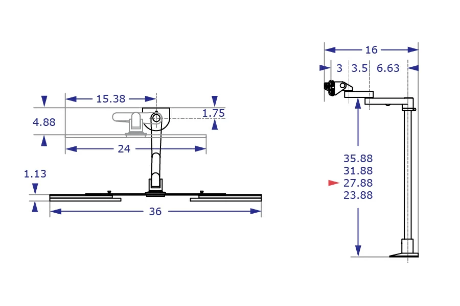 DOCHANGER document hanger specification drawings showing fully extended and folded views with measurements