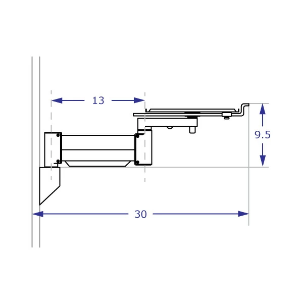 COMBO4 Specification drawing of track mount and SAA2415 equipment platform arm in horizontal position from side view