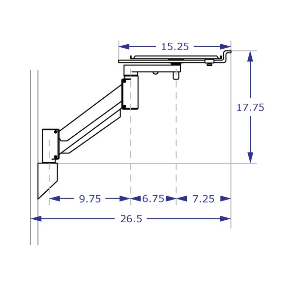 COMBO4 Specification drawing of track mount and SAA2415 equipment platform arm in highest position in side view