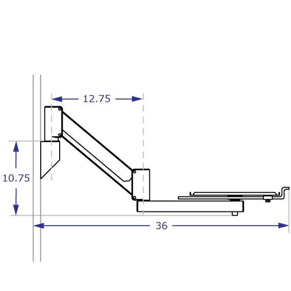 COMBO4 Specification drawing of track mount and EQP3418 equipment platform arm in lowest position from side view